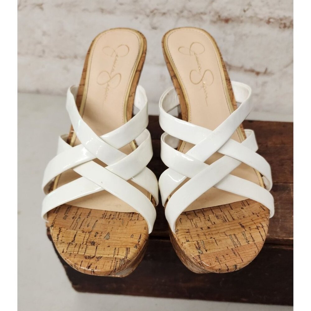 Jessica Simpson Cork Wedge Sandal Shoe White 4" High Heel Size 9